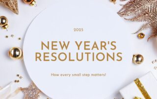 Gold ornaments on a table with a white plate titled New Year's Resolutions